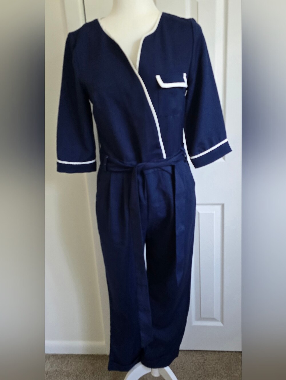 Coco Kelen Retro Navy Blue Wrap Jumpsuit with White Contrast Piping, Size M
